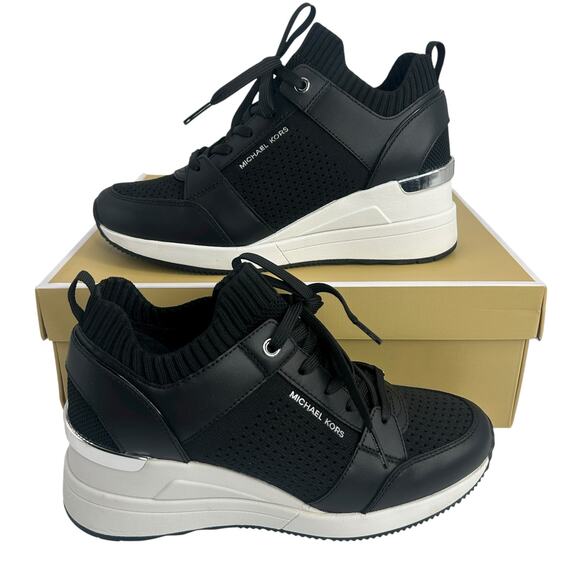 NEW Michael Kors Georgie Knit Trainers Size 7.5 Black Wedge Lace Up sneakers - Picture 2 of 11